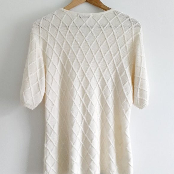 Liz Claiborne Collection Cream Argyle Knit Pattern Short Sleeve Sweater Large - Picture 2 of 9